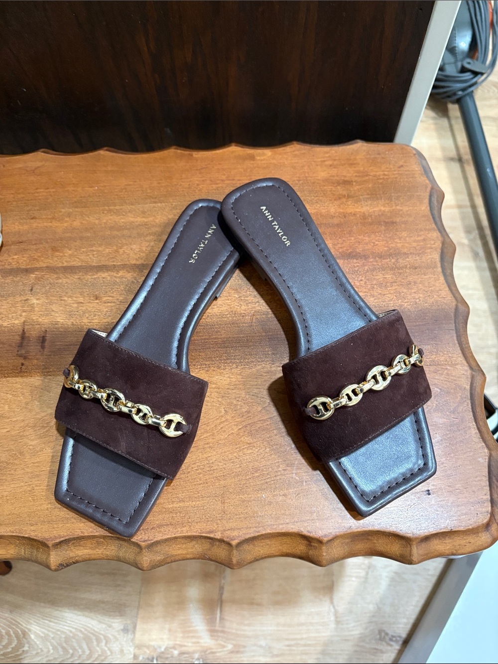 Ann Taylor Dark Brown Suede Slide Mules with Gold Chain Accent